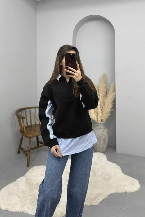 POLO NECK BUTTONS FLUFFY WOMEN SWEATSHIRT BLACK/ E ZEZE - KLAUDIO FASHION