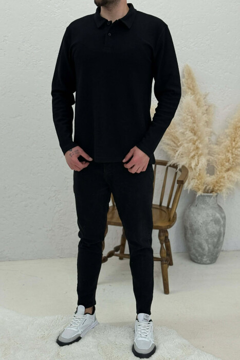 POLO NECK BUTTONS ONE COLOR MEN SWEATSHIRT BLACK/ E ZEZE - 1
