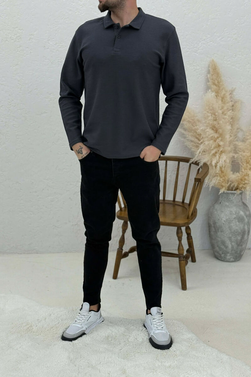 POLO NECK BUTTONS ONE COLOR MEN SWEATSHIRT GREY/GRI - 1