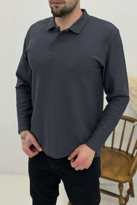 POLO NECK BUTTONS ONE COLOR MEN SWEATSHIRT GREY/GRI - 2