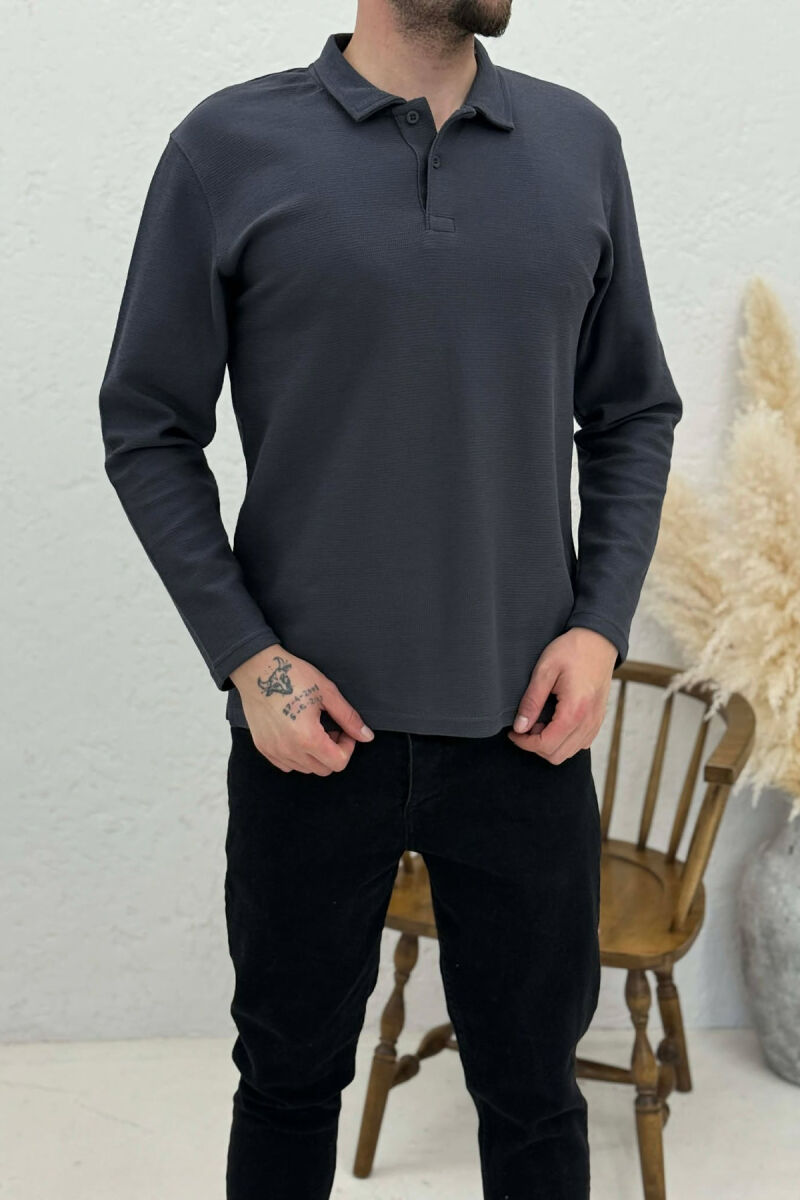 POLO NECK BUTTONS ONE COLOR MEN SWEATSHIRT GREY/GRI - 4