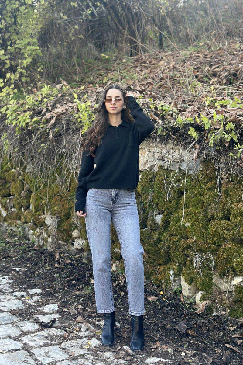 POLO NECK BUTTONS SINGLE POCKET WOMEN SWEATER BLACK/ E ZEZE - 1