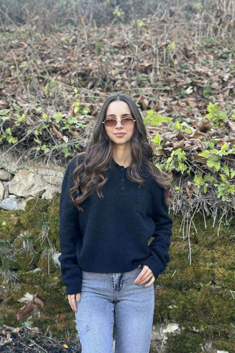 POLO NECK BUTTONS SINGLE POCKET WOMEN SWEATER BLACK/ E ZEZE - 2