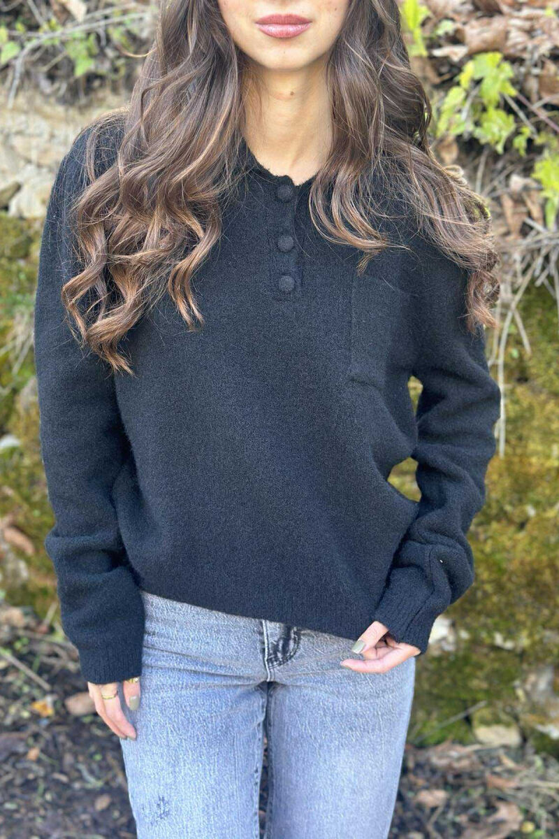 POLO NECK BUTTONS SINGLE POCKET WOMEN SWEATER BLACK/ E ZEZE - 4