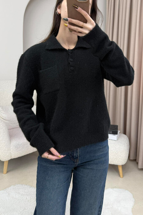 POLO NECK BUTTONS SINGLE POCKET WOMEN SWEATER BLACK/ E ZEZE - 2