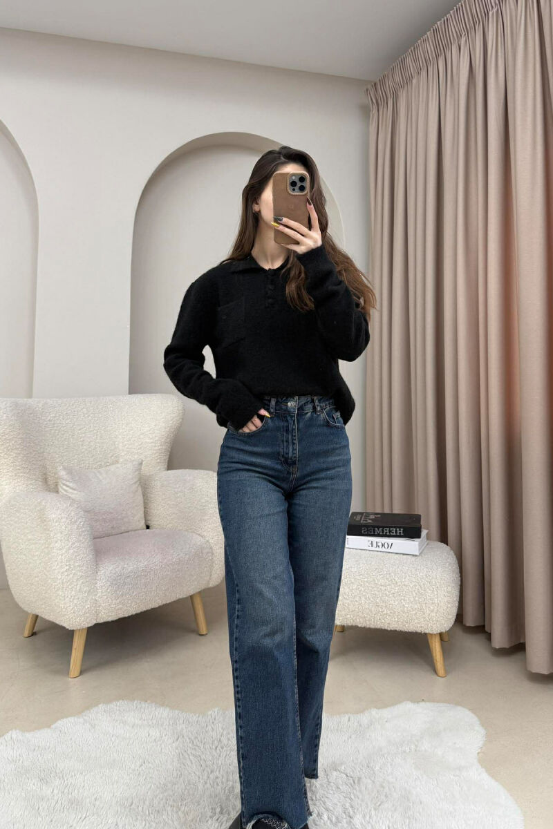 POLO NECK BUTTONS SINGLE POCKET WOMEN SWEATER BLACK/ E ZEZE - 4