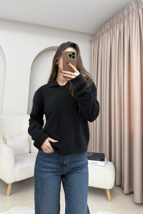 POLO NECK BUTTONS SINGLE POCKET WOMEN SWEATER BLACK/ E ZEZE 