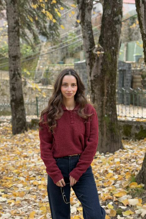 POLO NECK BUTTONS SINGLE POCKET WOMEN SWEATER BURGUNDY/VISHNJE - KLAUDIO FASHION