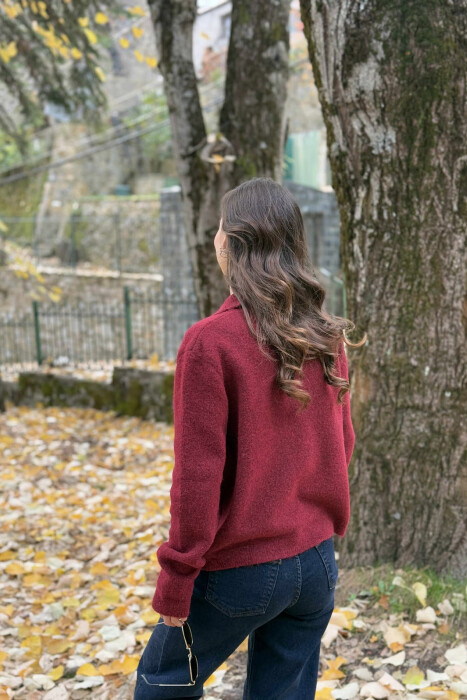 POLO NECK BUTTONS SINGLE POCKET WOMEN SWEATER BURGUNDY/VISHNJE - 2