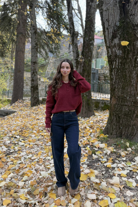 POLO NECK BUTTONS SINGLE POCKET WOMEN SWEATER BURGUNDY/VISHNJE - 4