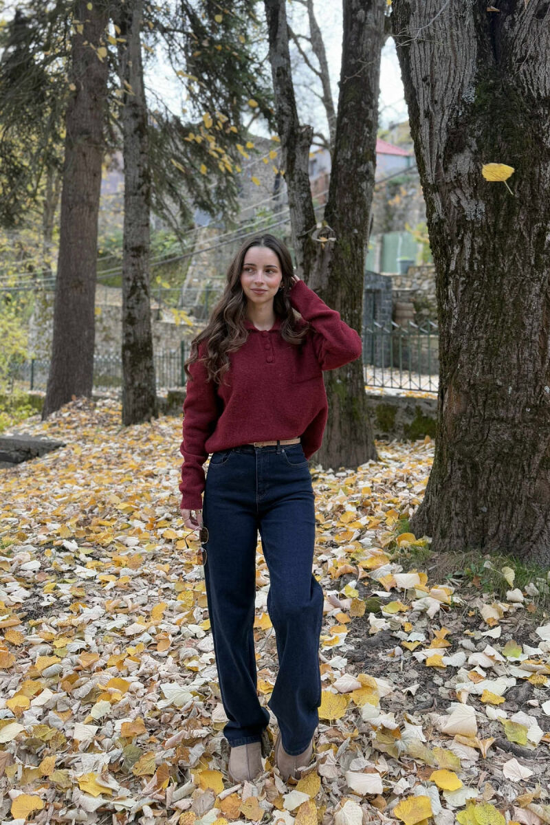 POLO NECK BUTTONS SINGLE POCKET WOMEN SWEATER BURGUNDY/VISHNJE - 4