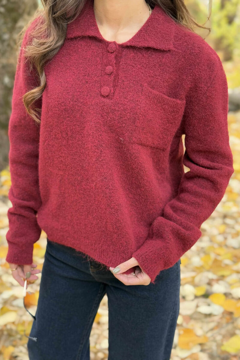 POLO NECK BUTTONS SINGLE POCKET WOMEN SWEATER BURGUNDY/VISHNJE - 3