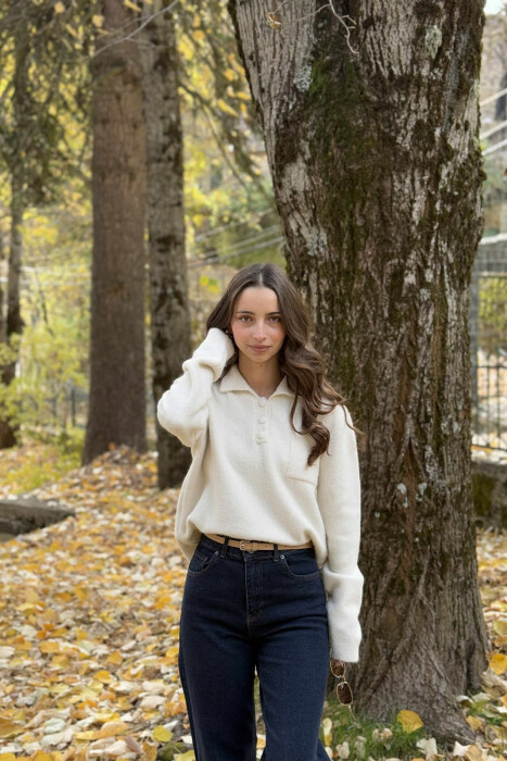 POLO NECK BUTTONS SINGLE POCKET WOMEN SWEATER CREAM/KREM 