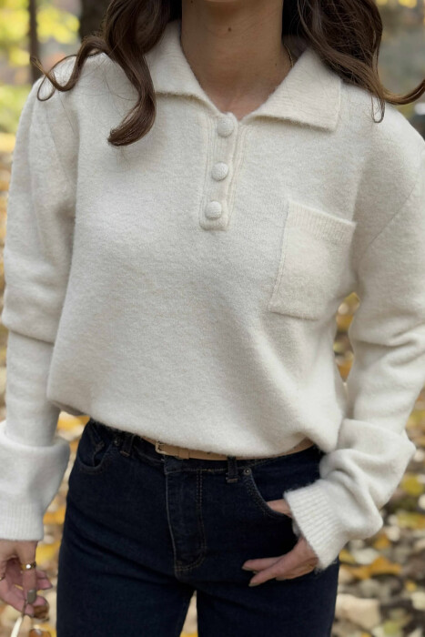 POLO NECK BUTTONS SINGLE POCKET WOMEN SWEATER CREAM/KREM - 3