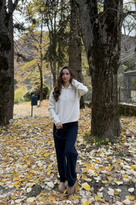 POLO NECK BUTTONS SINGLE POCKET WOMEN SWEATER CREAM/KREM - 4