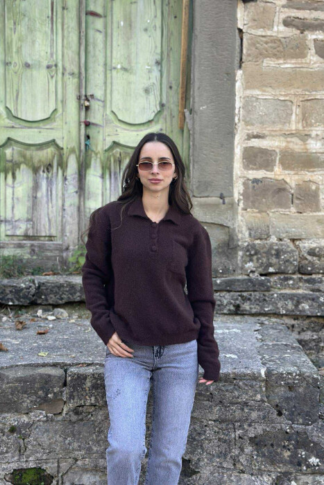 POLO NECK BUTTONS SINGLE POCKET WOMEN SWEATER DARK BROWN/KAE - 2