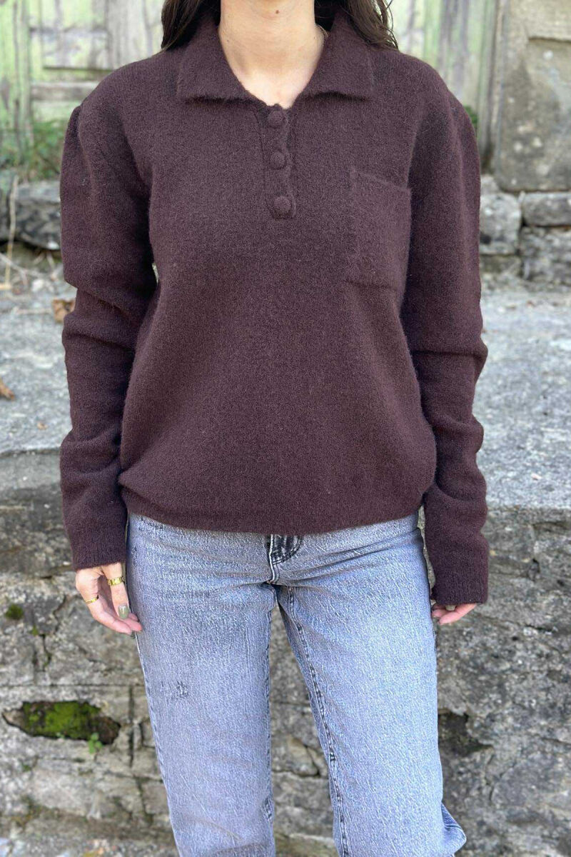 POLO NECK BUTTONS SINGLE POCKET WOMEN SWEATER DARK BROWN/KAE - 4