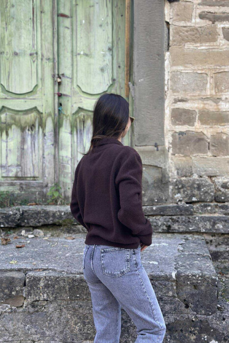 POLO NECK BUTTONS SINGLE POCKET WOMEN SWEATER DARK BROWN/KAE - 3