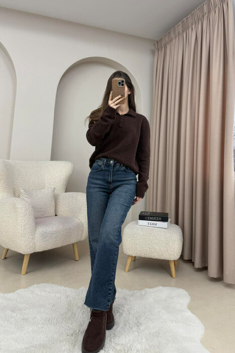 POLO NECK BUTTONS SINGLE POCKET WOMEN SWEATER DARK BROWN/KAE - 3