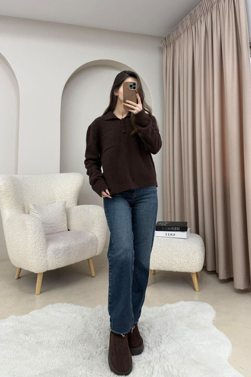 POLO NECK BUTTONS SINGLE POCKET WOMEN SWEATER DARK BROWN/KAE - 1
