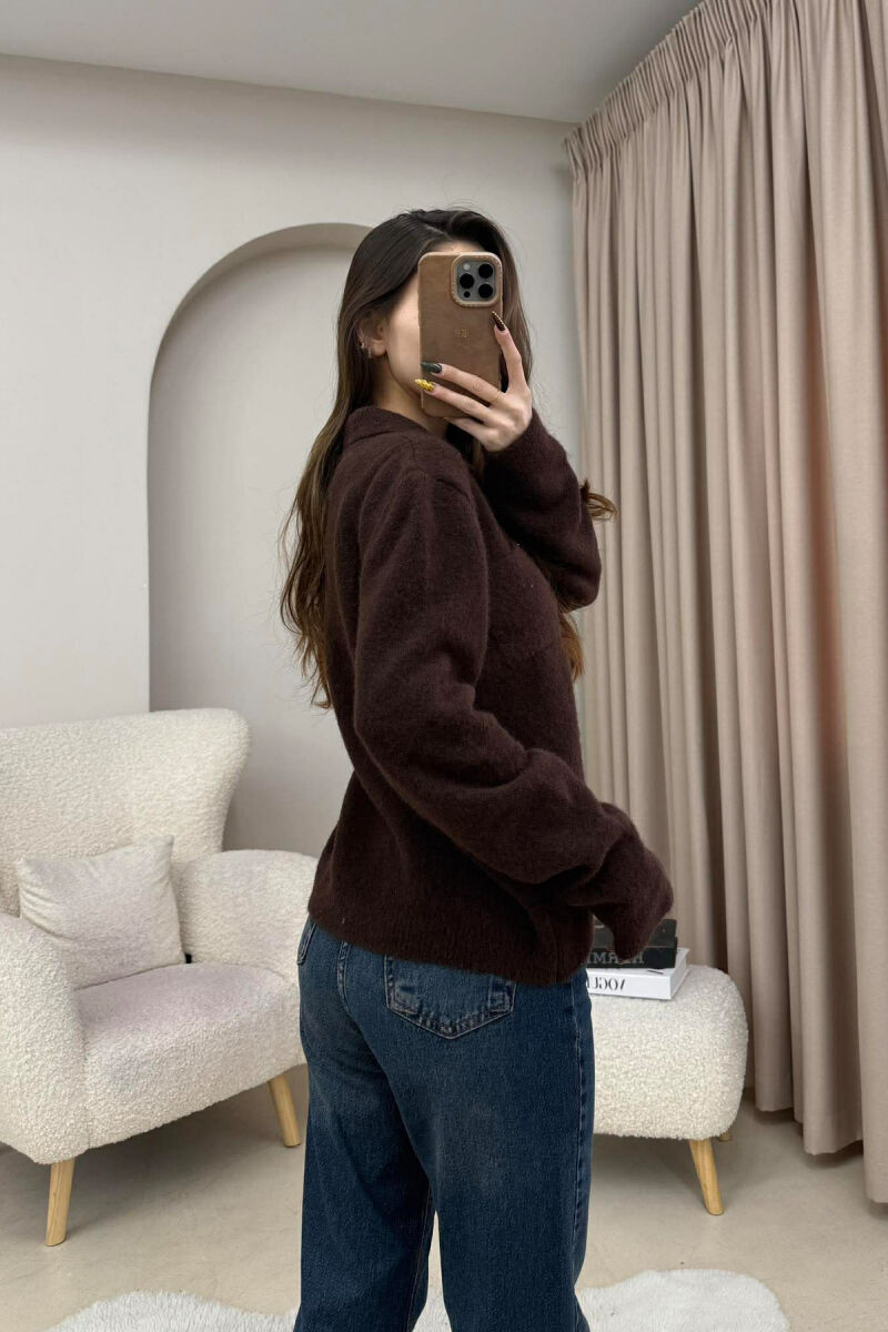 POLO NECK BUTTONS SINGLE POCKET WOMEN SWEATER DARK BROWN/KAE - 2