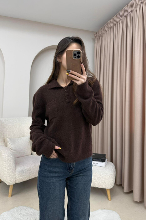 POLO NECK BUTTONS SINGLE POCKET WOMEN SWEATER DARK BROWN/KAE - 4