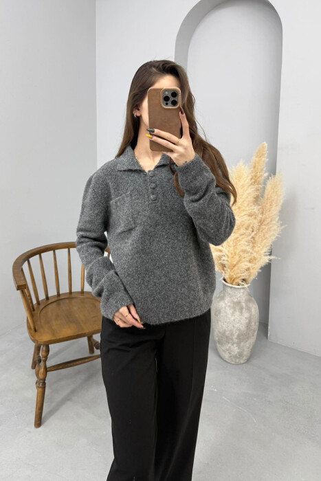 POLO NECK BUTTONS SINGLE POCKET WOMEN SWEATER GREY/GRI - KLAUDIO FASHION