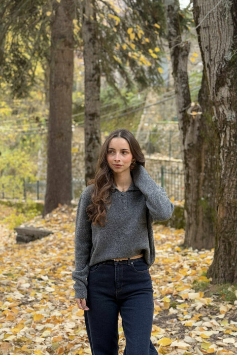 POLO NECK BUTTONS SINGLE POCKET WOMEN SWEATER GREY/GRI - 1