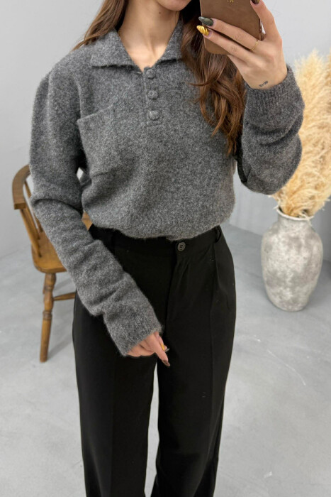 POLO NECK BUTTONS SINGLE POCKET WOMEN SWEATER GREY/GRI - 4
