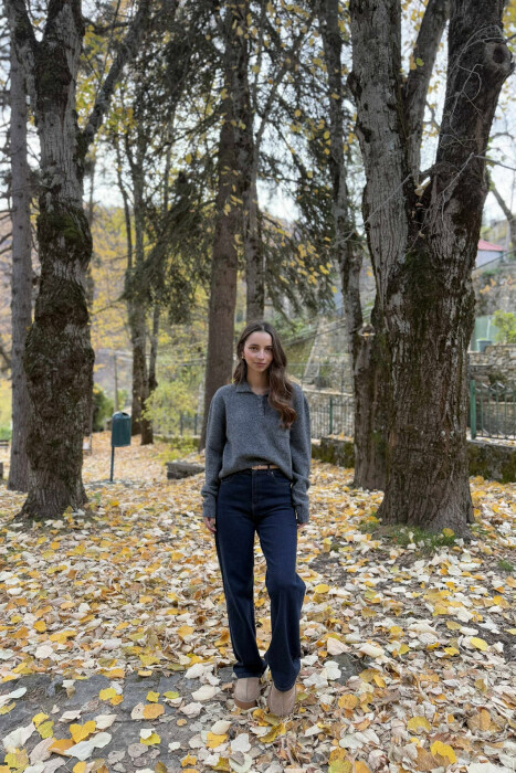 POLO NECK BUTTONS SINGLE POCKET WOMEN SWEATER GREY/GRI - 8