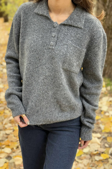 POLO NECK BUTTONS SINGLE POCKET WOMEN SWEATER GREY/GRI - 7