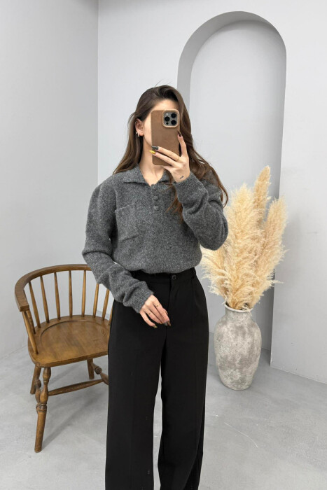 POLO NECK BUTTONS SINGLE POCKET WOMEN SWEATER GREY/GRI - 2