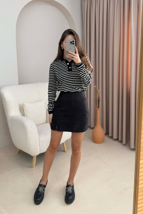 POLO NECK BUTTONS STRIPED WOMEN SWEATER BLACK-WHITE/ZEBA - KLAUDIO FASHION