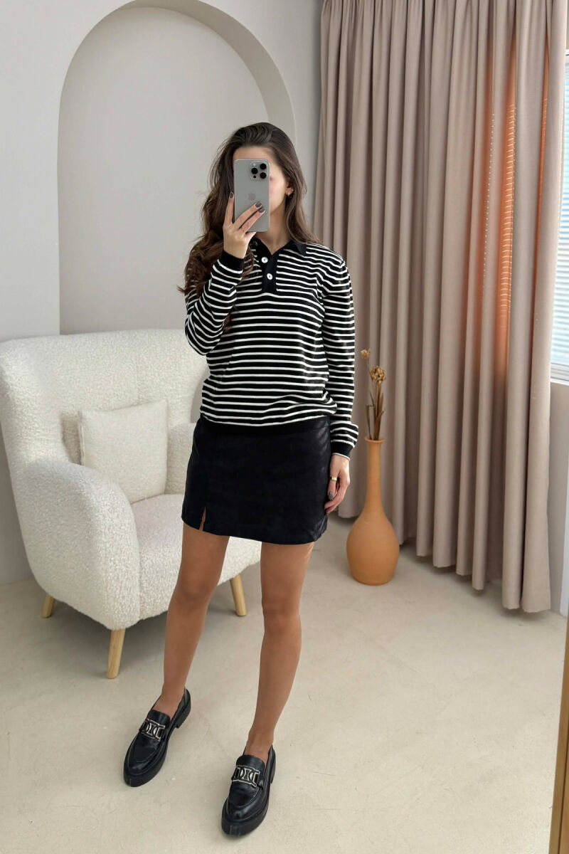 POLO NECK BUTTONS STRIPED WOMEN SWEATER BLACK-WHITE/ZEBA - 2