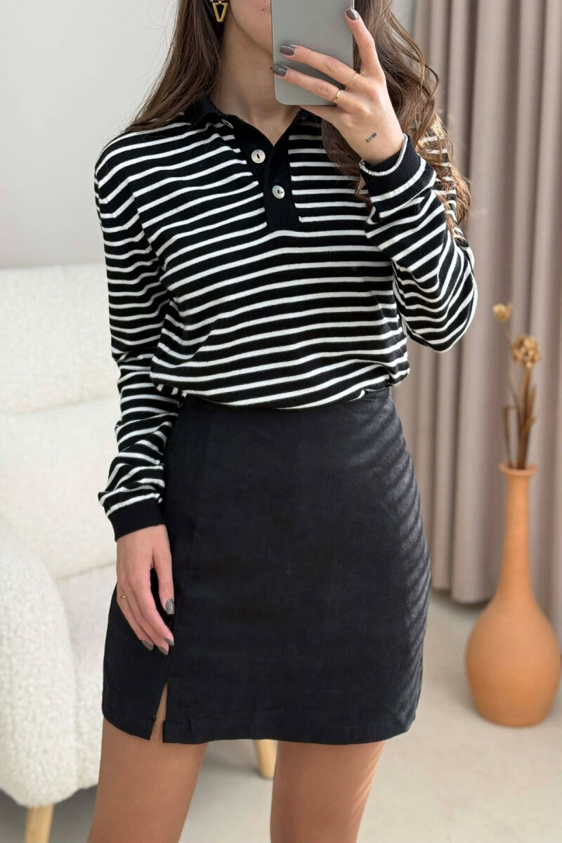 POLO NECK BUTTONS STRIPED WOMEN SWEATER BLACK-WHITE/ZEBA - 4