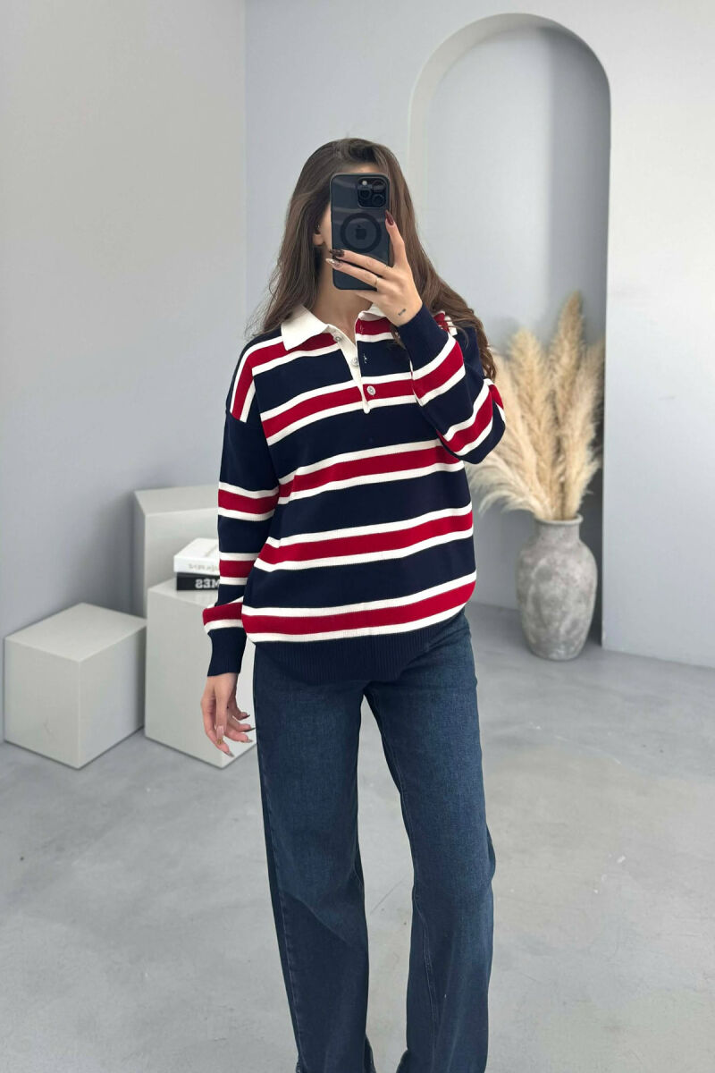 POLO NECK BUTTONS STRIPED WOMEN SWEATER BLUE+RED/BLU-KUQE - 1