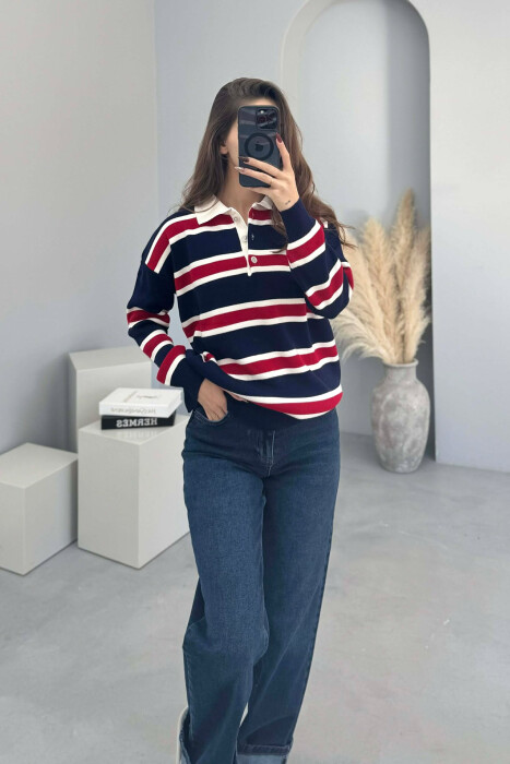 POLO NECK BUTTONS STRIPED WOMEN SWEATER BLUE+RED/BLU-KUQE - 2