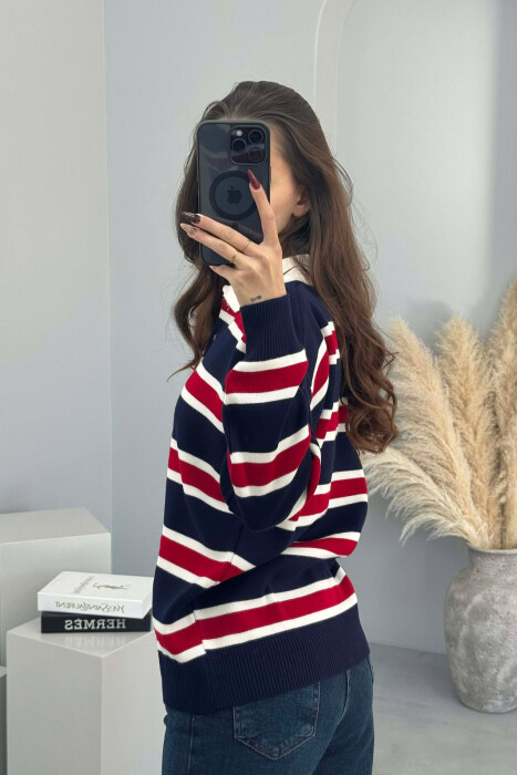 POLO NECK BUTTONS STRIPED WOMEN SWEATER BLUE+RED/BLU-KUQE - 3