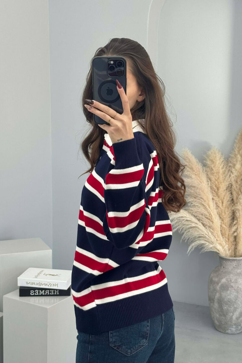 POLO NECK BUTTONS STRIPED WOMEN SWEATER BLUE+RED/BLU-KUQE - 3