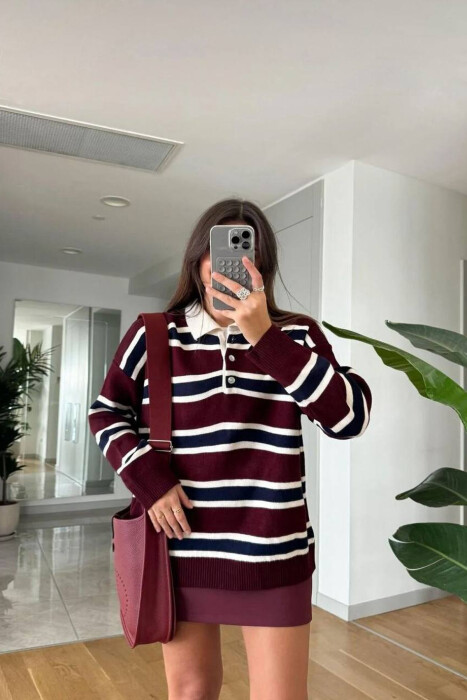 POLO NECK BUTTONS STRIPED WOMEN SWEATER BURGUNDY-BLUE/VISHNJE-BLU - KLAUDIO FASHION