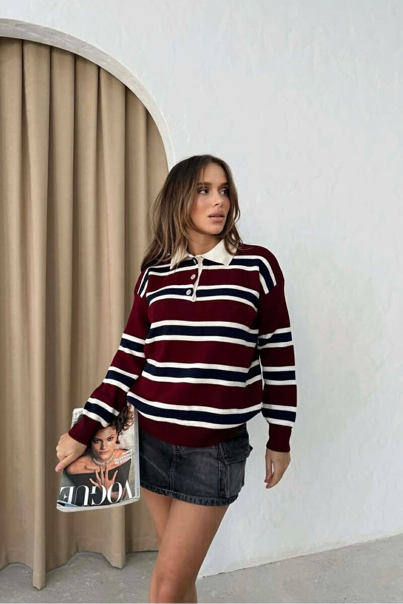 POLO NECK BUTTONS STRIPED WOMEN SWEATER BURGUNDY-BLUE/VISHNJE-BLU - 3