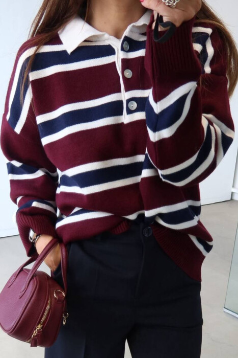 POLO NECK BUTTONS STRIPED WOMEN SWEATER BURGUNDY-BLUE/VISHNJE-BLU - 2
