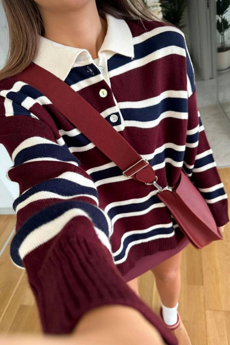 POLO NECK BUTTONS STRIPED WOMEN SWEATER BURGUNDY-BLUE/VISHNJE-BLU - 3
