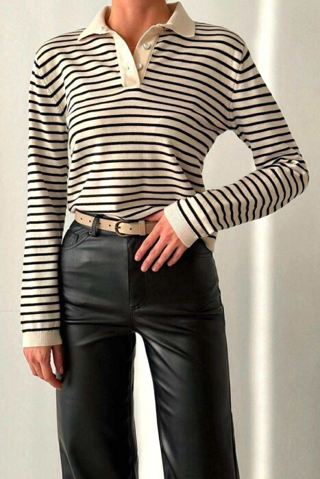 POLO NECK BUTTONS STRIPED WOMEN SWEATER CREAM+BLACK/KREM+ZEZE - 1