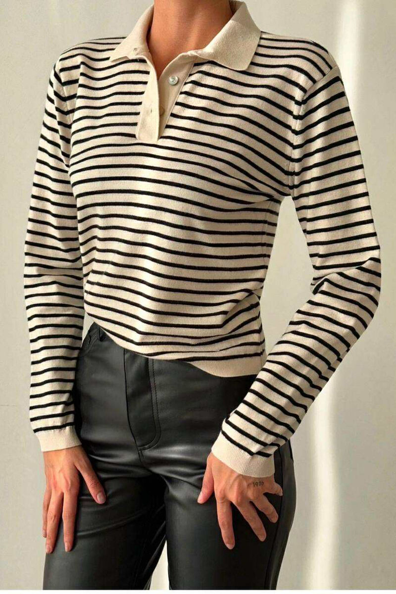 POLO NECK BUTTONS STRIPED WOMEN SWEATER CREAM+BLACK/KREM+ZEZE - 2