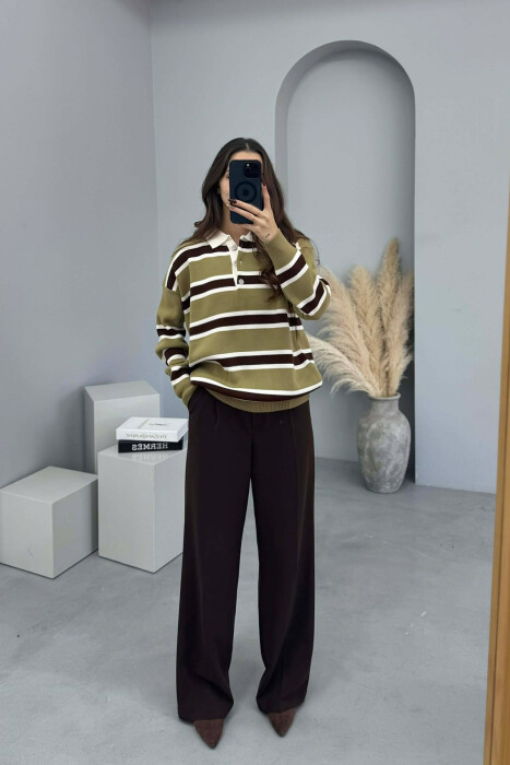 POLO NECK BUTTONS STRIPED WOMEN SWEATER GREEN-BROWN/JEKA - KLAUDIO FASHION