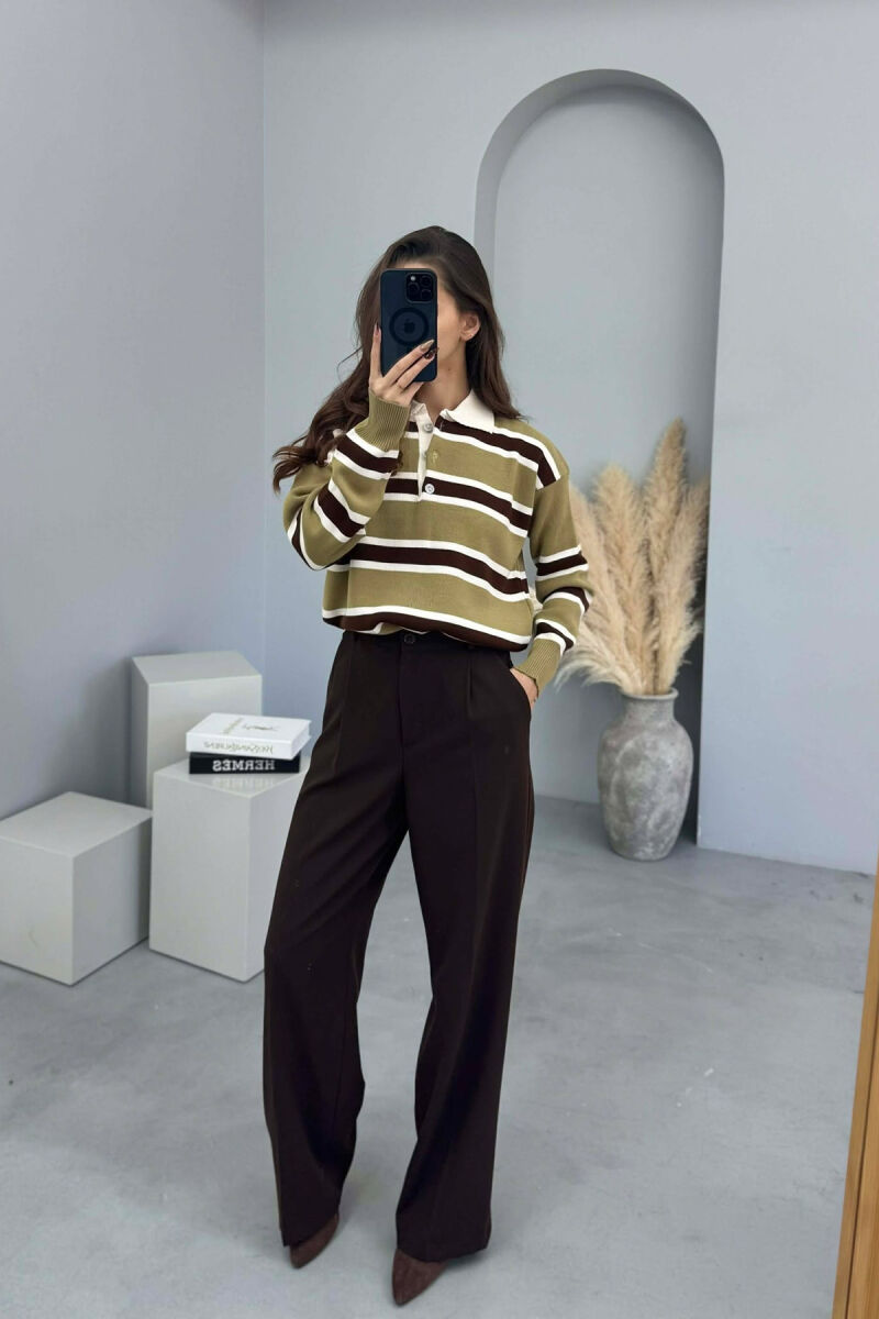 POLO NECK BUTTONS STRIPED WOMEN SWEATER GREEN-BROWN/JEKA - 2
