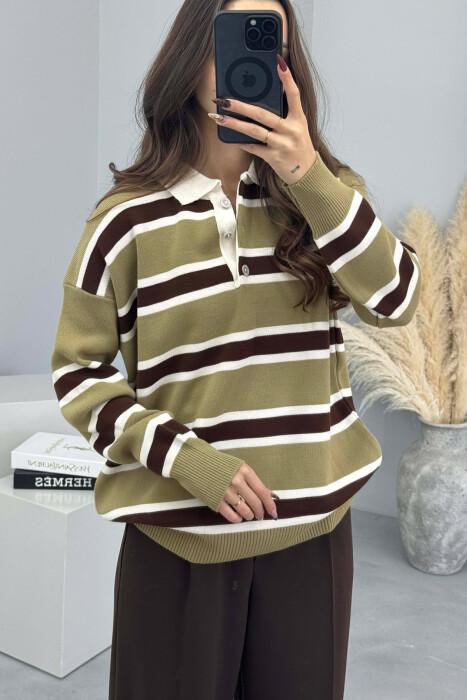 POLO NECK BUTTONS STRIPED WOMEN SWEATER GREEN-BROWN/JEKA - 3