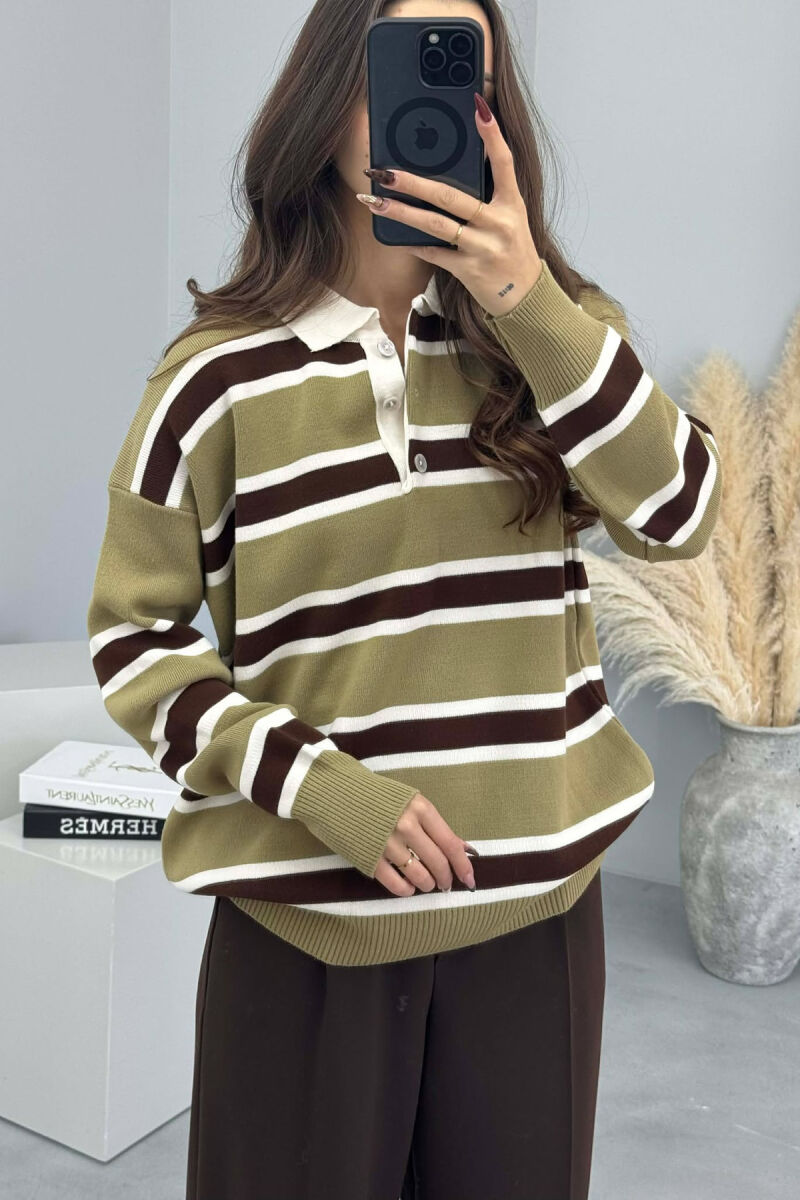 POLO NECK BUTTONS STRIPED WOMEN SWEATER GREEN-BROWN/JEKA - 3