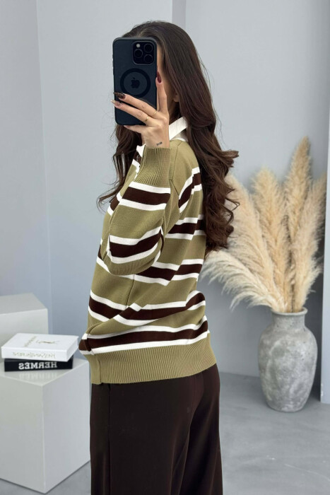 POLO NECK BUTTONS STRIPED WOMEN SWEATER GREEN-BROWN/JEKA - 4